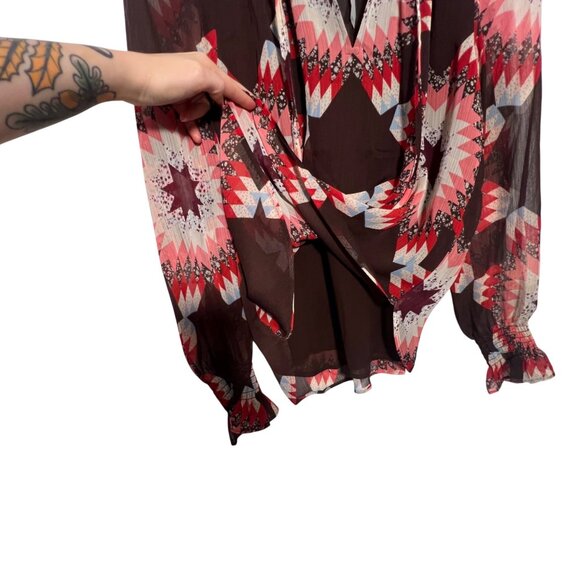 NWT Western Aztec Brown Country Rustic High Neck Top Ruffle Flowy Loose Medium - Picture 5 of 10